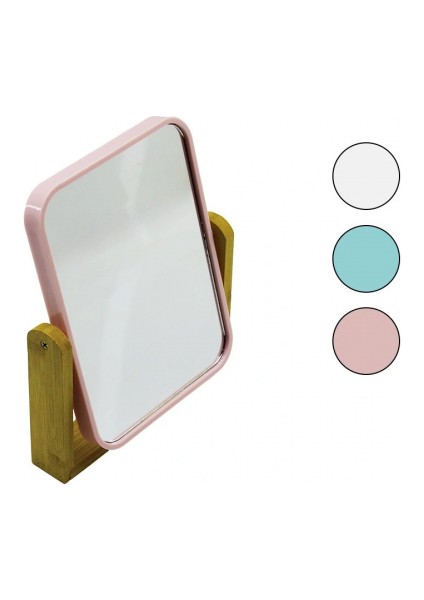 DİKDÖRTGEN=20.5X15.5CM Ahşap Bambu Ayaklı Makyaj Aynası Çift Taraflı Renkli Plastik Çerçeve (5324)
