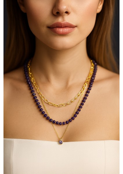 Mor Kristal Taşlı 3’lü Kolye