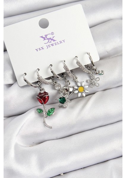 Bfs Pirinç Zirkon Taşlı Gül ve Papatya Model Gümüş Renk 3'lü Çift Kadın Küpe