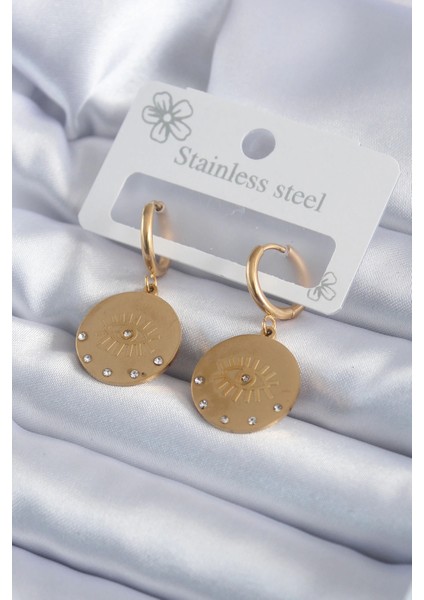 Bfs 316L Çelik Gold Renk Zirkon Taşlı Göz Işleme Model Kadın Küpe