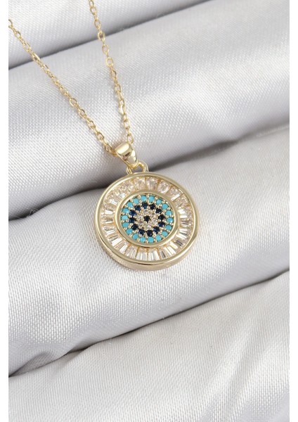 Bfs Pirinç Zirkon Taşlı Su Yolu Nazar Model Gold Renk Kadın Kolye