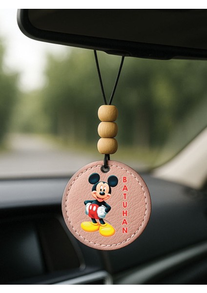 Kişiye Özel Isim Yazılı 1.sınıf Deri Ahşap Dekorlu Dikiz Aynası Süsü Pudra Pembe - Mickey