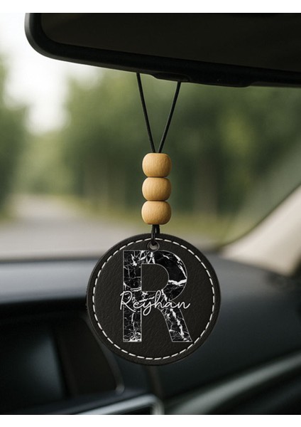 Kişiye Özel Isim Yazılı 1.sınıf Deri Oto Aksesuar Dikiz Aynası Süsü Siyah - R Harfi