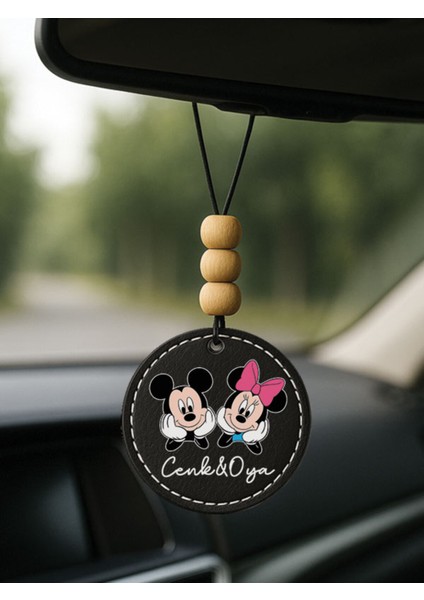 Kişiye Özel Isim Yazılı 1.sınıf Deri Oto Aksesuar Dikiz Aynası Süsü Siyah - Minniemickey