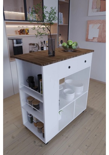 Tekerlekli Raflı Kahve Köşesi Dolabı – Oval Kenarlı, Çekmeceli, Mikrodalga ve Tost Makinesi Uyumlu, Modern Beyaz Tasarım