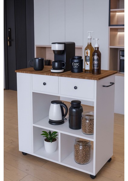 Tekerlekli Raflı Kahve Köşesi Dolabı – Oval Kenarlı, Çekmeceli, Mikrodalga ve Tost Makinesi Uyumlu, Modern Beyaz Tasarım modelleri