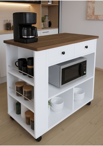 Tekerlekli Raflı Kahve Köşesi Dolabı – Oval Kenarlı, Çekmeceli, Mikrodalga ve Tost Makinesi Uyumlu, Modern Beyaz Tasarım fırsatları