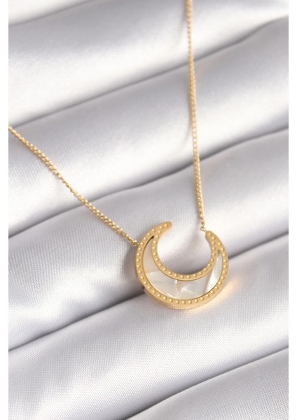 Bfs 316L Çelik Gold Renk Beyaz Sedefli Hilal Model Kadın Kolye