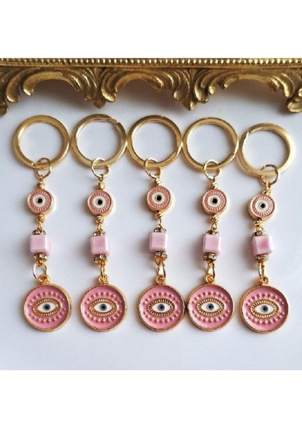 Hediyelik 5'li Zirkon Taşlı Nazar Boncuklu Pembe Şık Anahtarlık 10,5 cm