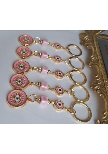 Hediyelik 5'li Zirkon Taşlı Nazar Boncuklu Pembe Şık Anahtarlık 10,5 cm fiyatları