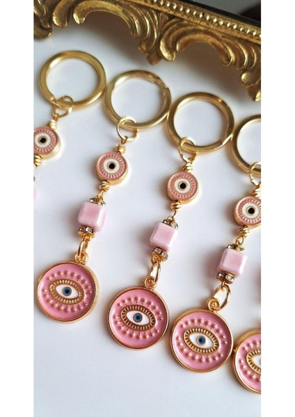 Hediyelik 5'li Zirkon Taşlı Nazar Boncuklu Pembe Şık Anahtarlık 10,5 cm fırsatları
