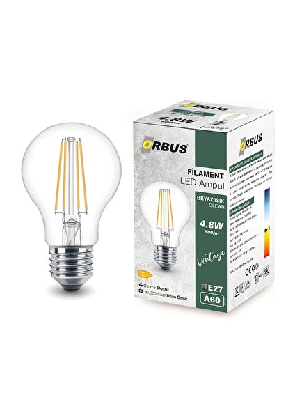 3 Adet Ampul Orbus LED FILAMENTA60 E27 Beyaz