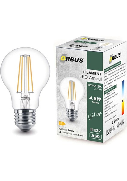 3 Adet Ampul Orbus LED FILAMENTA60 E27 Beyaz fiyatları
