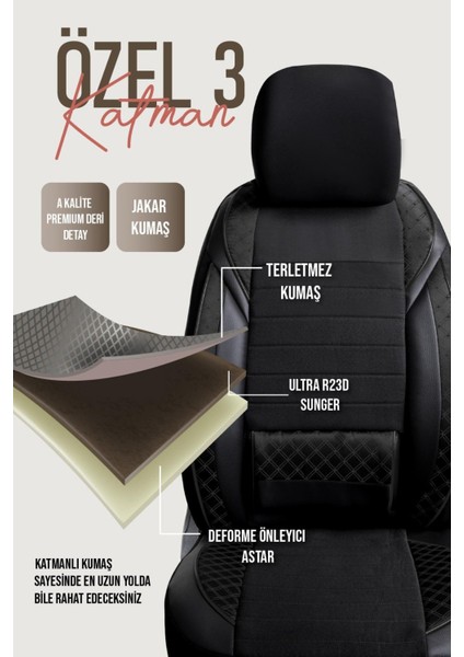 Peugeot 2008 Uyumlu Yarı Deri Oto Koltuk Kılıfı Ön/arka Set Neta Seri Siyah