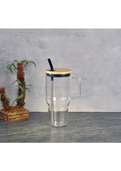 2 Adet Tohana Maxi Bambu Kapaklı Cam Kupa 1000CC
