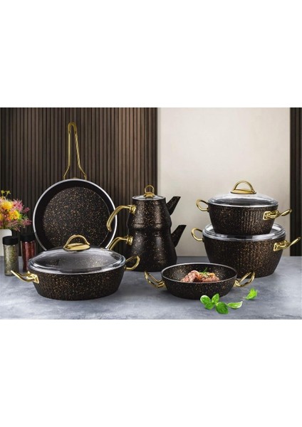Oscar 11 Parça Granit Set Altın Kulp Siyah