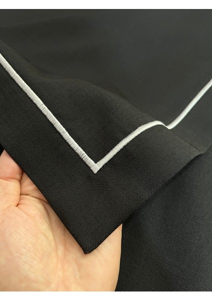 Çeyizlik Piko Sarma Gri Detaylı Dertsiz Masa Örtüsü Simsiz Siyah