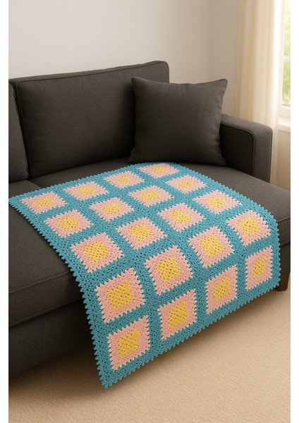 El Yapımı Pastel Renkli Kare Motif Örgü Battaniye – Yumuşak Dokulu El Emeği fiyatları