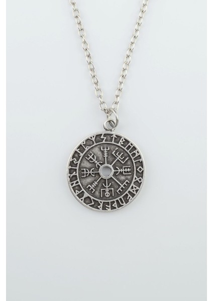 Vegvisir Pusula - Viking Sembol Gümüş Kaplama Düz Zincir Kolye