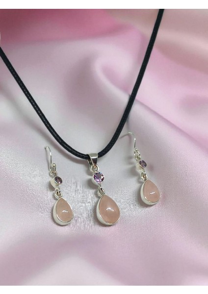 Doğal Pembe Kuvars Taşlı 925 Ayar Gümüş Kolye Ucu ve Küpe Seti