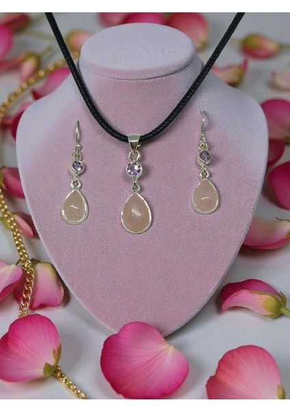 Doğal Pembe Kuvars Taşlı 925 Ayar Gümüş Kolye Ucu ve Küpe Seti fiyatları
