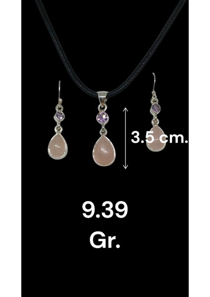 Doğal Pembe Kuvars Taşlı 925 Ayar Gümüş Kolye Ucu ve Küpe Seti modelleri