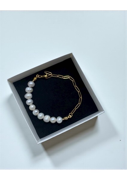 Sertifikalı Gerçek Inci Bileklik ve Çelik Zincirli Tasarım Bileklik