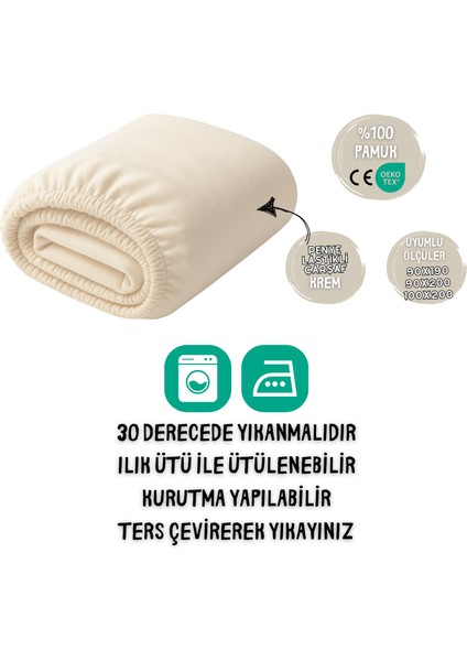 %100 Pamuk Likralı Lastikli Penye Çarşaf - Krem – 90X190 / 90X200 / 100X200 Uyumlu fiyatları