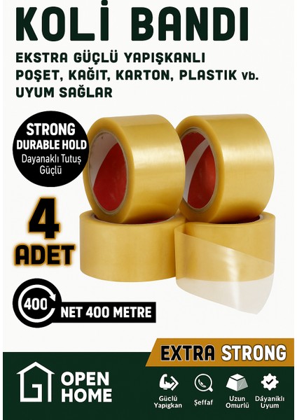 4 Adet - 100 Metre Şeffaf Koli Bandı – Extra Strong 40 Micron Kalınlık, Güçlü Yapışkan