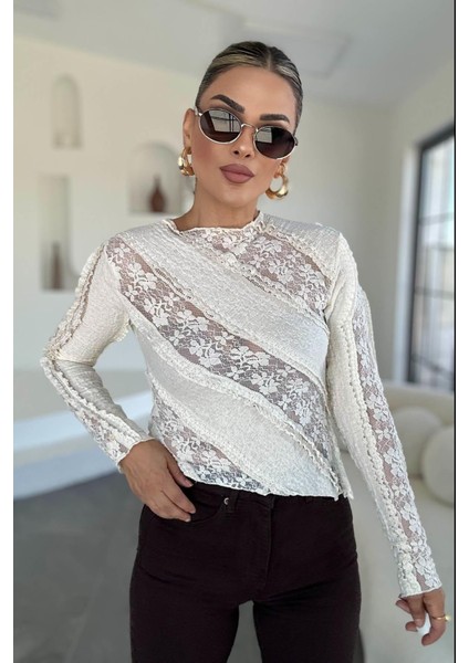 Çiçek Kabartma Transparan Bluz Ekru modelleri