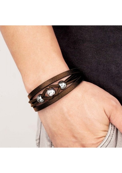 Çelik Top ve Kahve Deri Bileklik 9594B8D2 modelleri