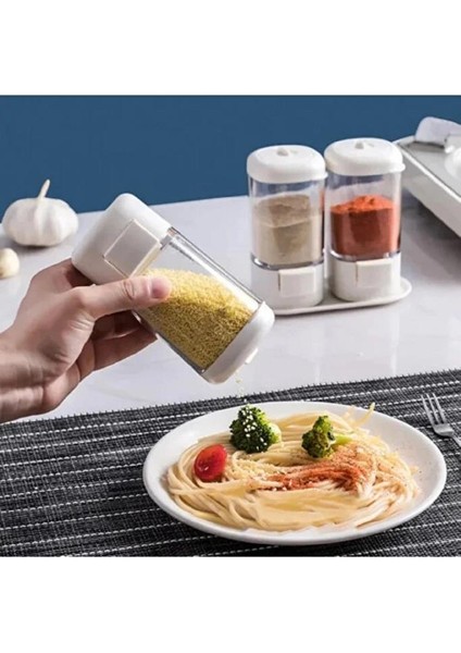2li Tuşlu Basmalı Baharatlık Tuzluk Seti Gramaj Ayarlı Şekerlik Tuz Biber Baharat Saklama Kabı 140ML