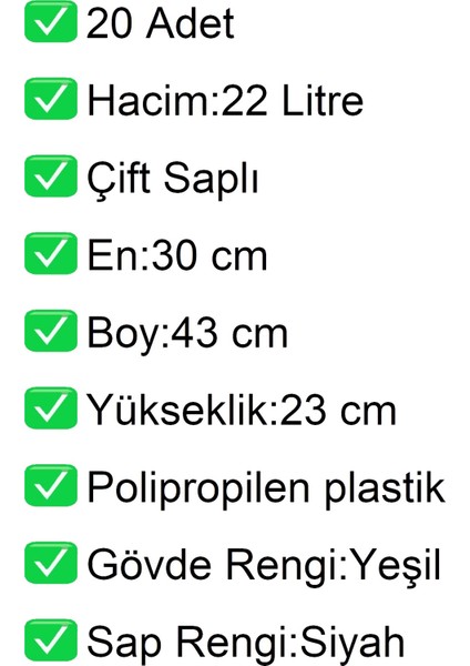 Plastik Market Alışveriş El Sepeti 22 Litre Yeşil 20 Adet fiyatları