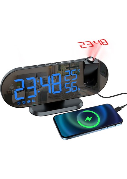 Çok Foksiyonlu LED Projeksiyonlu Dijital Alarm Saati Sıcaklık Nem Göstergeli USB Şarj 180° Dönen
