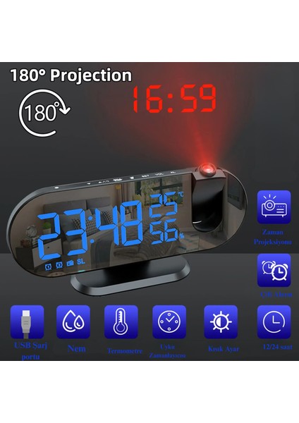 Çok Foksiyonlu LED Projeksiyonlu Dijital Alarm Saati Sıcaklık Nem Göstergeli USB Şarj 180° Dönen fiyatları