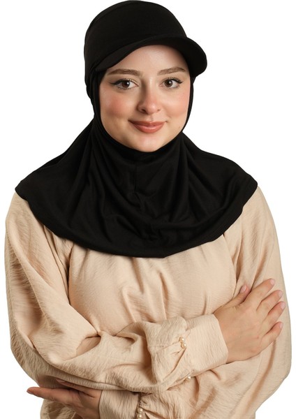 Siyah Pratik Hazır Geçmeli Şapkalı Tesettür Eşarp Viskon Düz 2513_01