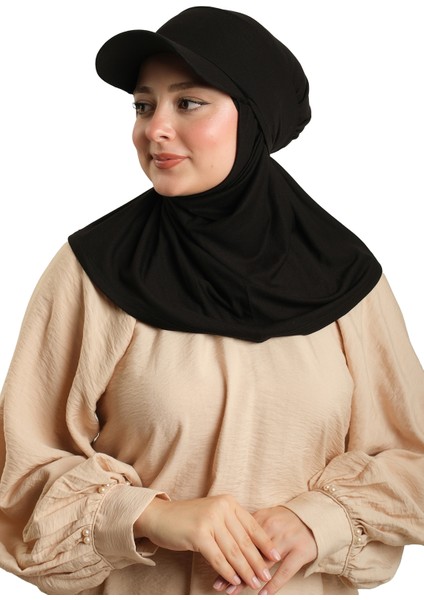 Siyah Pratik Hazır Geçmeli Şapkalı Tesettür Eşarp Viskon Düz 2513_01 fiyatları