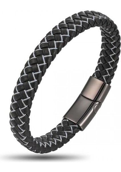 Siyah Beyaz Deri Örgü Çelik Bileklik 9593B4D1 modelleri