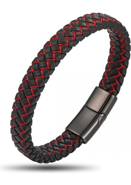 Kırmızı Siyah Deri Örgü Çelik Bileklik 9593B4D2