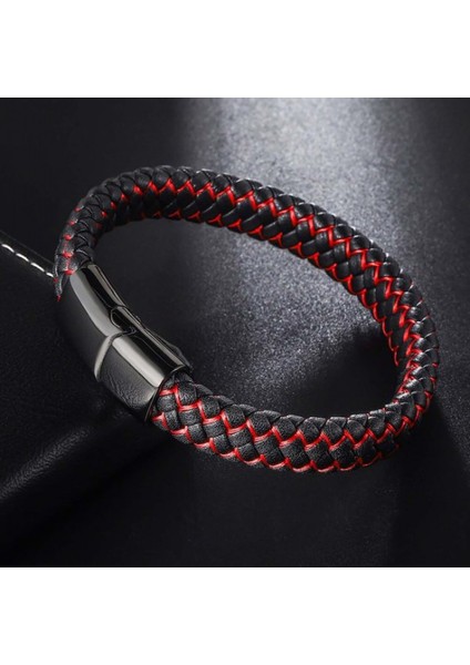 Kırmızı Siyah Deri Örgü Çelik Bileklik 9593B4D2 fiyatları