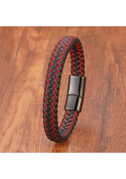 Kırmızı Siyah Deri Örgü Çelik Bileklik 9593B4D2 modelleri