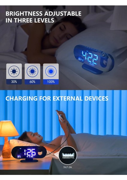 Çok Foksiyonlu LED Projeksiyonlu Dijital Alarm Saati Sıcaklık Nem Göstergeli USB Şarj 180° Dönen modelleri