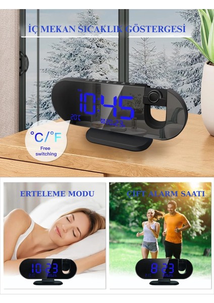 Çok Foksiyonlu LED Projeksiyonlu Dijital Alarm Saati Sıcaklık Nem Göstergeli USB Şarj 180° Dönen indirimleri