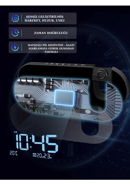 Çok Foksiyonlu LED Projeksiyonlu Dijital Alarm Saati Sıcaklık Nem Göstergeli USB Şarj 180° Dönen