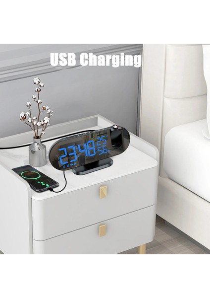 Çok Foksiyonlu LED Projeksiyonlu Dijital Alarm Saati Sıcaklık Nem Göstergeli USB Şarj 180° Dönen
