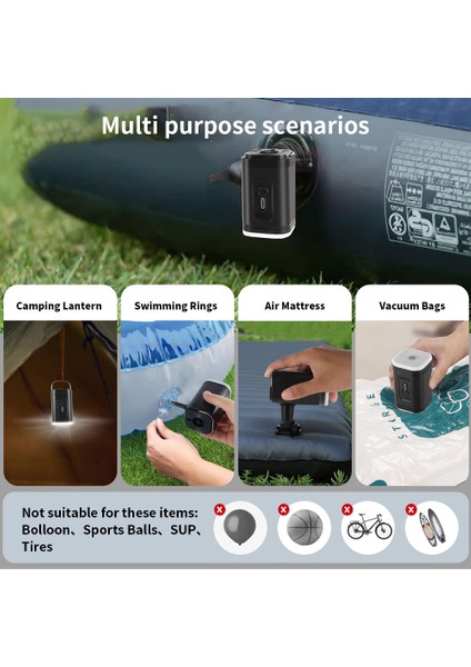 Glampıng 3'ü 1 Arada Taşınabilir USB Şarjlı Elektrikli Hava Pompası – Şişirme/çekme & LED Işıklı fırsatları