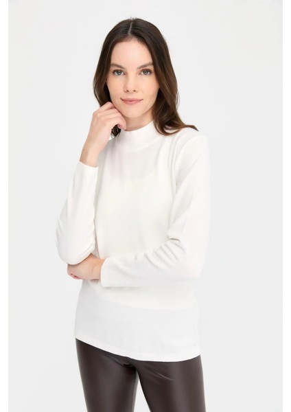 Kadın Likralı Uzun Kol Basic Yarım Balıkçı Bluz 0240016 Ekru