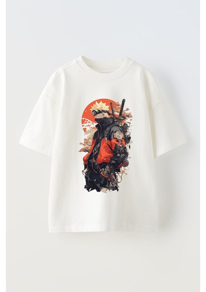 Naruto 5 Baskılı Ünisex Pamuk Beyaz Oversize T Shirt
