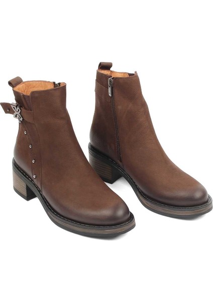 Kadın Kahverengi Fermuarlı Nubuk Deri Bot