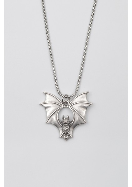 Gotik Yarasa Kolye - Örme İthal Zincirli Unisex Gümüş Kaplama Kolye - 60 cm